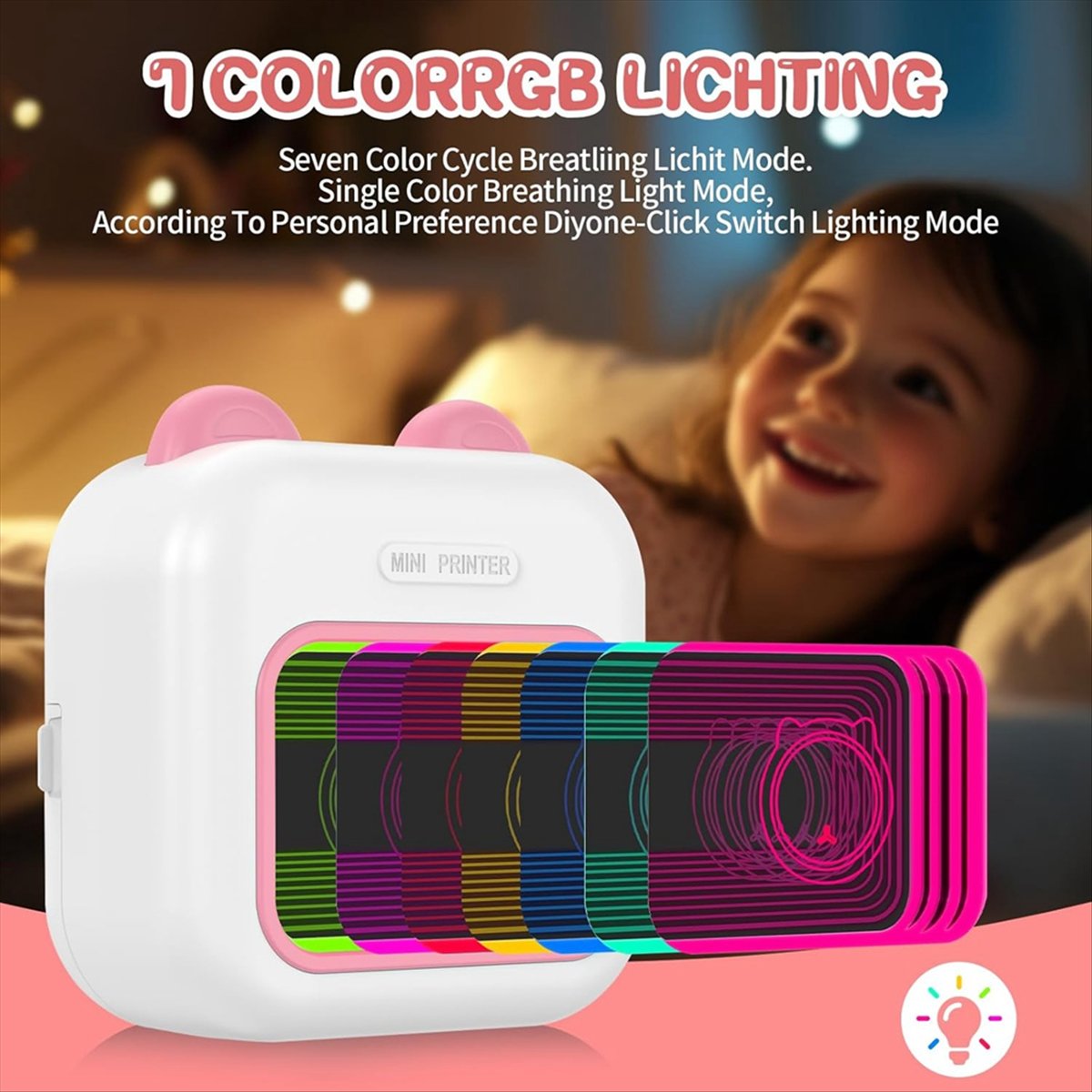 Mini Pocket Thermal Printer Paper Roll - Mini-Aufkleberdrucker, RGB-Licht, Bluetooth, Taschen-Thermodrucker ohne Tinten,