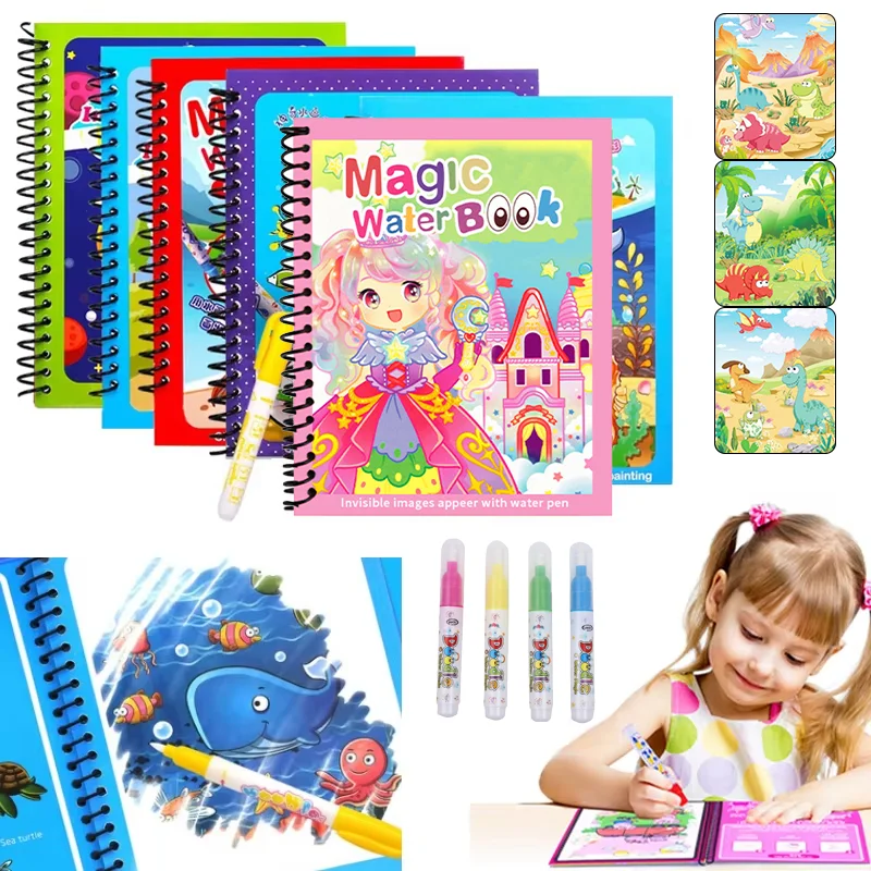 Reusable Water Magic Coloring Book - Magisches Cartoon-Wasser-Malbuch mit Wasserstift, wiederverwendbares Malbuch,